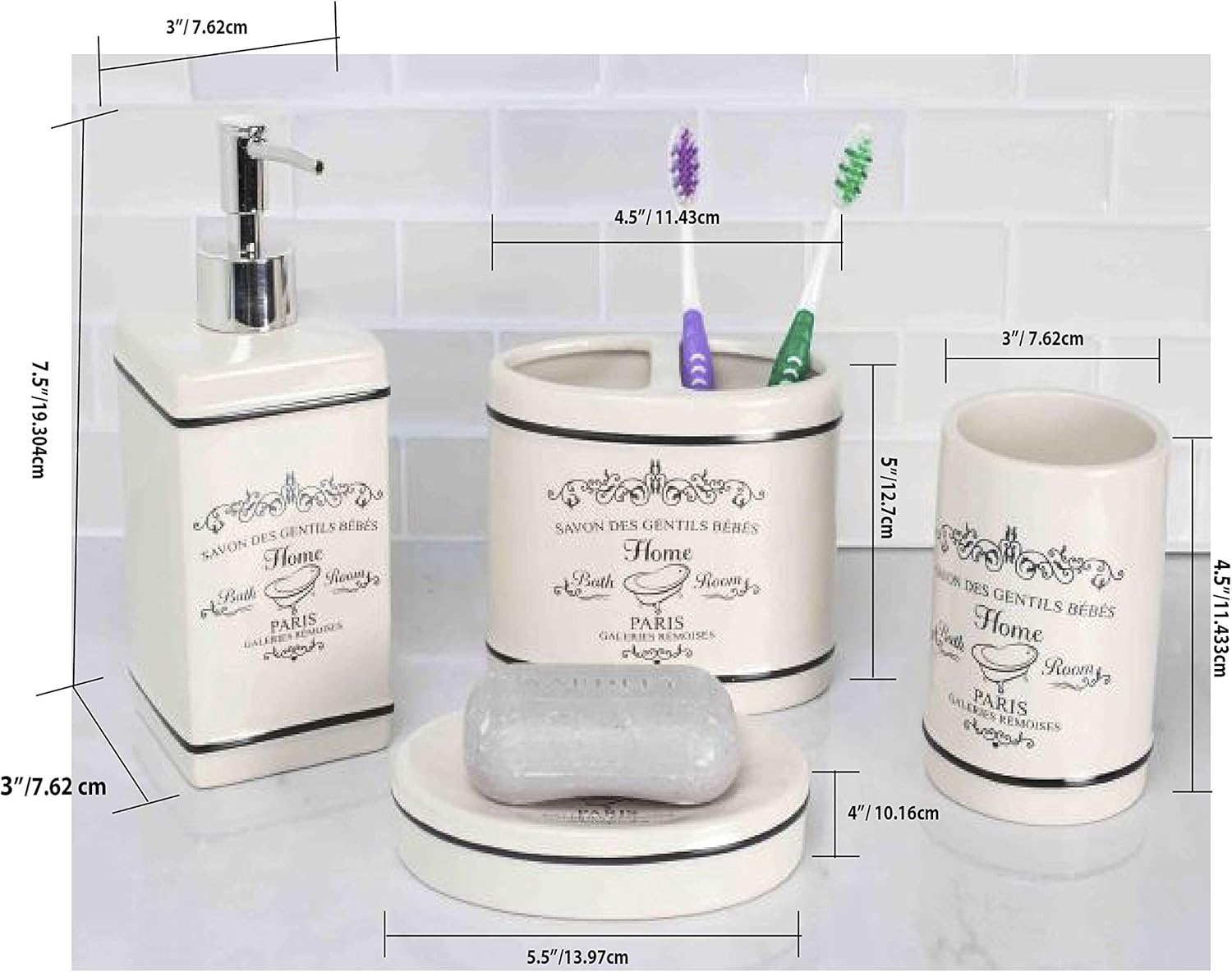 Home Basics Paris Collection 4 Piece Bathroom Accessories Set Featuring a Soap Dispenser, Toothbrush Holder, Tumbler, and Soap Dish: Kitchen & Dining