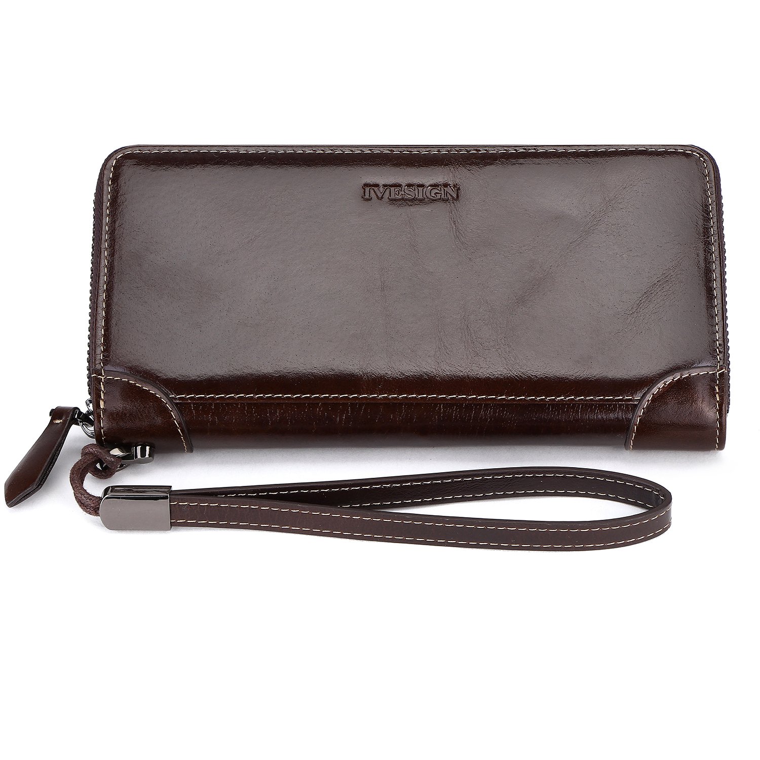 IVESIGN Women\'s Wax Genuine Leather Wallet RFID Blocking Credit Card Holder Organizer Purse With Wristlet (Coffee)