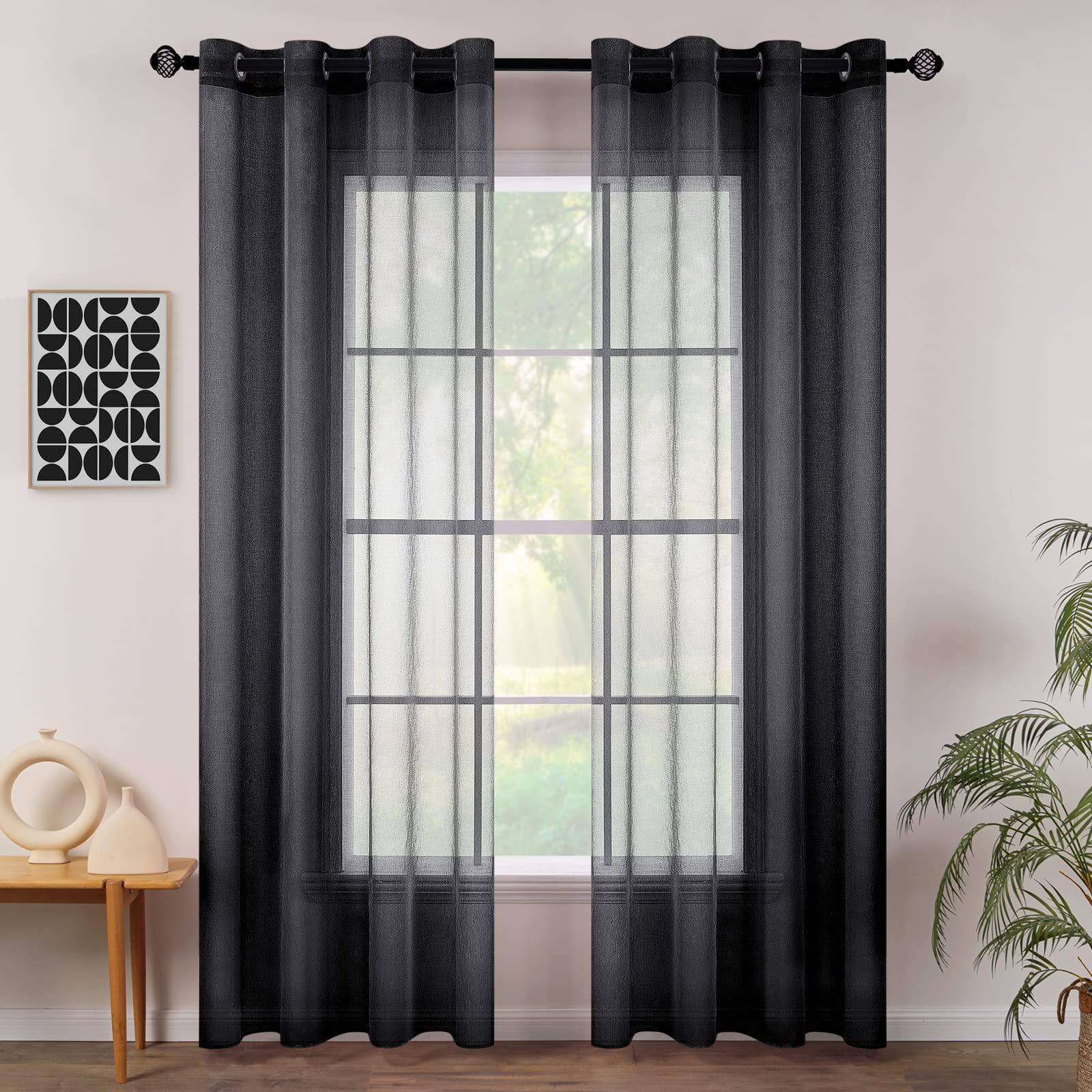 MIULEE 2 Panels Sheer Window Curtains Elegant Window Voile Panels/Drapes/Treatment for Bedroom Living Room 55" Wx88 L Grommet Top Black
