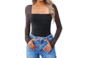 Avidlove Women's Square Neck Mesh Long Sleeve Bodysuit Shirts Ruched Body Suit Sexy Sheer Tops Leotard Tops