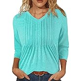 IEEILULU 3/4 Length Sleeve Womens Tops V Neck T Shirts Casual Pleated Tunic for Women Fashion Loose Blouses