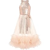 GRACE KARIN Girls Sequin Dress Sparkly Formal Party Pageant Halter Tulle Maxi Teen Prom Dresses for 7-14 Years