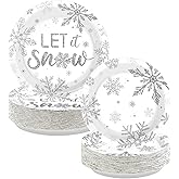 100Pcs Winter Snowflake Party Supplies Let It Snow Paper Plates 9 Inch 7 Inch Disposable Silver Snowflake Platters Wonderland Theme Plates for Christmas Winter Gatherings Birthday Party Decor
