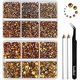 Beadsland 8300PCS Flatback Rhinestones, Topaz Rhinestone Nail Gems Round Crystal Rhinestones for Crafts, Mixed 10 Sizes with Wax Pencil and Tweezer Kit, SS3-SS30, Topaz