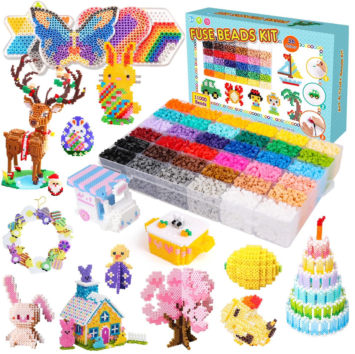 MerryXGift Fuse Beads Set, 11000pcs 36 Colours 5mm Iron Beads for Boys Girls DIY Craft Birthday Easter Gifts
