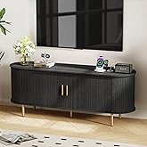 DHH 55 Inch Mid Century Modern TV Stand with Power Outlet for TVs up to 60 Inch, Entertainment Center with Storage and Adjustable Shelves, Media Console with Sliding Doors for Living Room(Black)