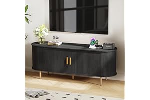 DHH 55 Inch Mid Century Modern TV Stand with Power Outlet for TVs up to 60 Inch, Entertainment Center with Storage and Adjustable Shelves, Media Console with Sliding Doors for Living Room(Black)