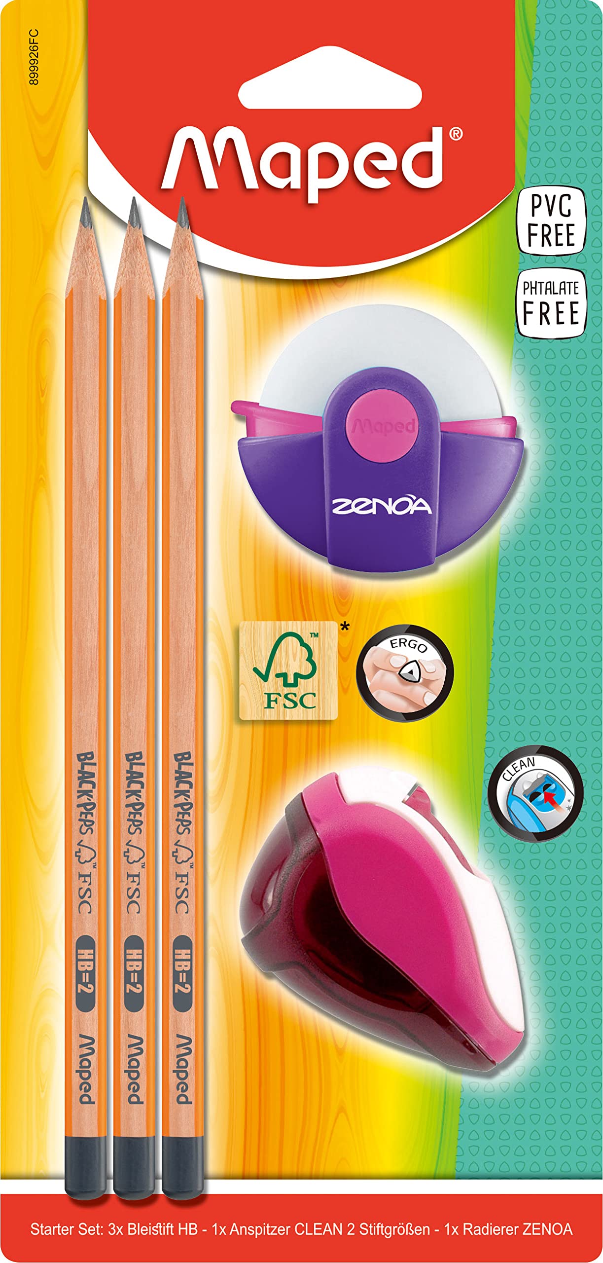 Maped - Starter set for students made from FSC-certified wood - 3 x black peps pencils, 1 x Zenoa eraser, 1 x Clean sharpener, green, pink, blue - random colour, pack of 5 (1 pack)