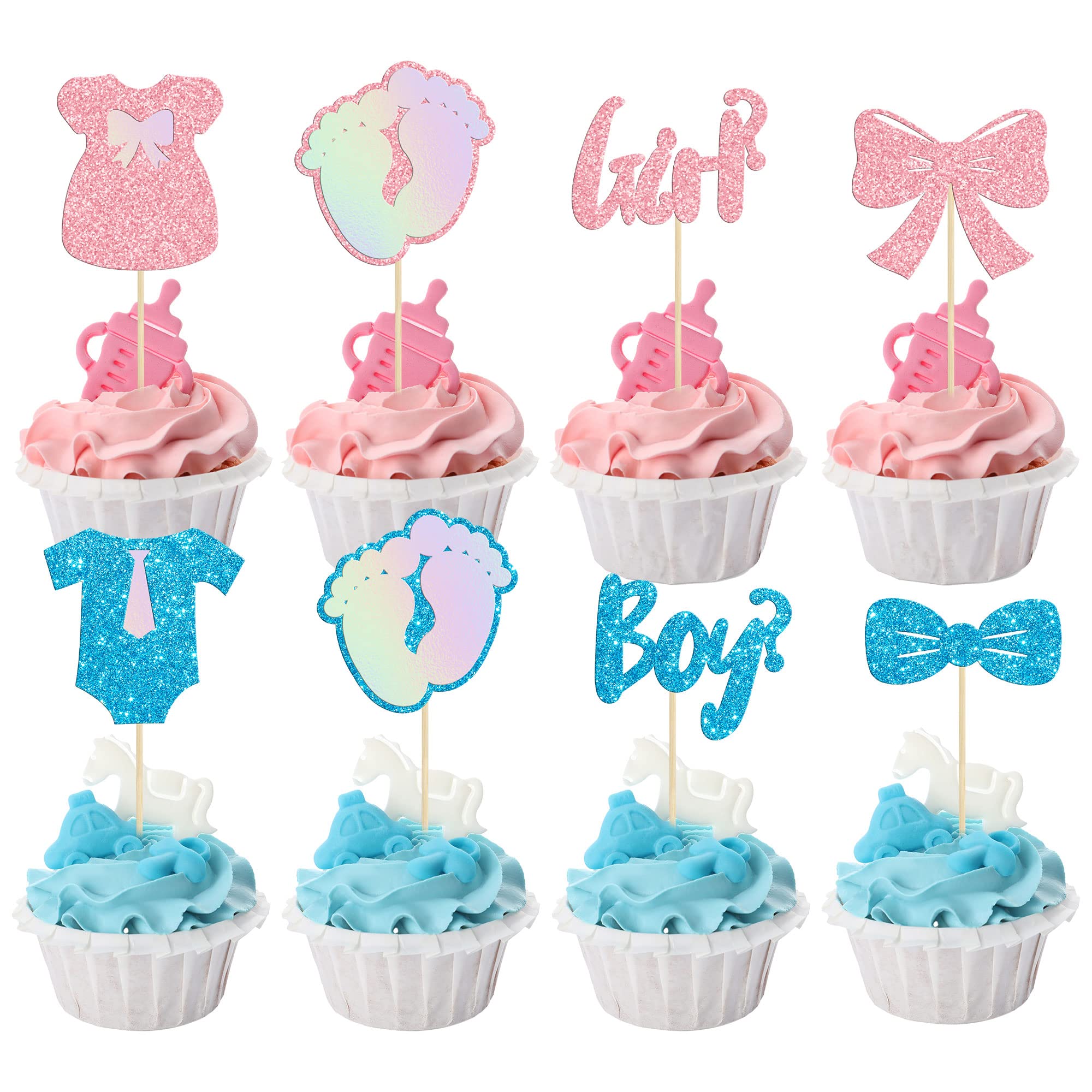 Gyufise 24 Pack Boy or Girl Cupcake Toppers Glitter Onesie Jumpsuit Footprint Bow Tie Cupcake Picks Baby Shower Kids Birthday Gender Reveal Party Cake Decorations Supplies
