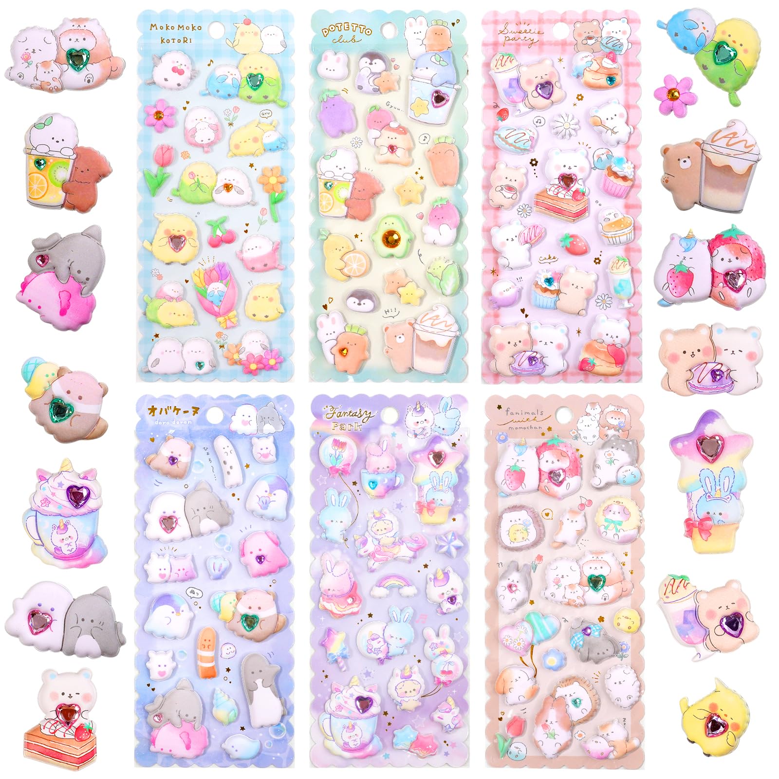 Puffy Stickers with Sparkly Gem Embellishment for Kids Girl -Cute,Kawaii,Soft,Thick,Large Japanese Puff Sticker for Adults –3D Squishies Puffer Sticker for Phone Case,Notebook,6 Sheets.