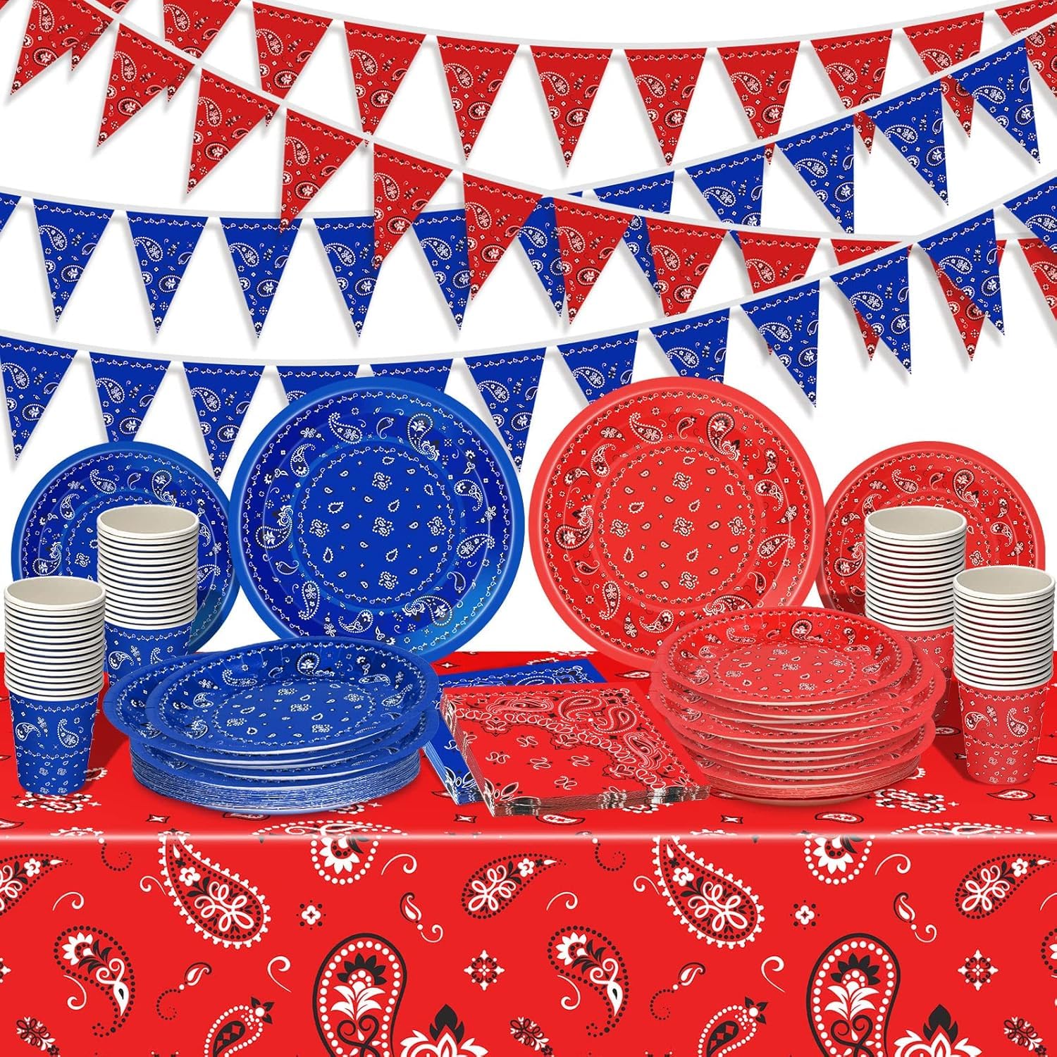 Photo 1 of 123 Pcs Western Cowboy Party Decoration Include 1 Plastic Paisley Print Tablecloth 2 Bandana Pennant Banner 60 Disposable Paper Plates 30 Cups and 30 Napkins for Western Cowboy Theme Party (Red, Blue)