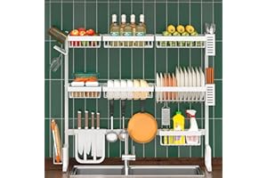PUSDON Over Sink Dish Drying Rack Stainless Steel, Adjustable Large Dish Drainer for Storage Kitchen Organization White 3 Tie
