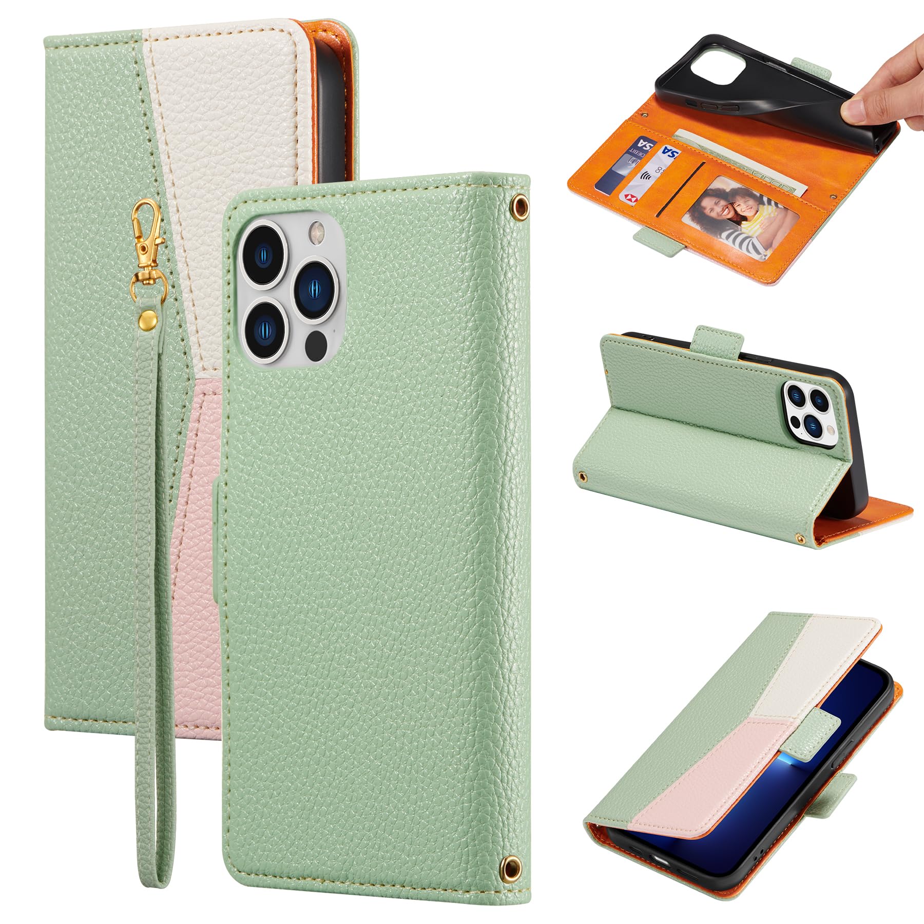 ZCDAYE Wallet Case for iPhone 15 Pro Max, Premium Colour Block Leather Phone Case Hoster, Skin-Friendly Elegant Women Girl Lady Flip Cases Cover for iPhone 15 Pro Max (6.7 inch), Green