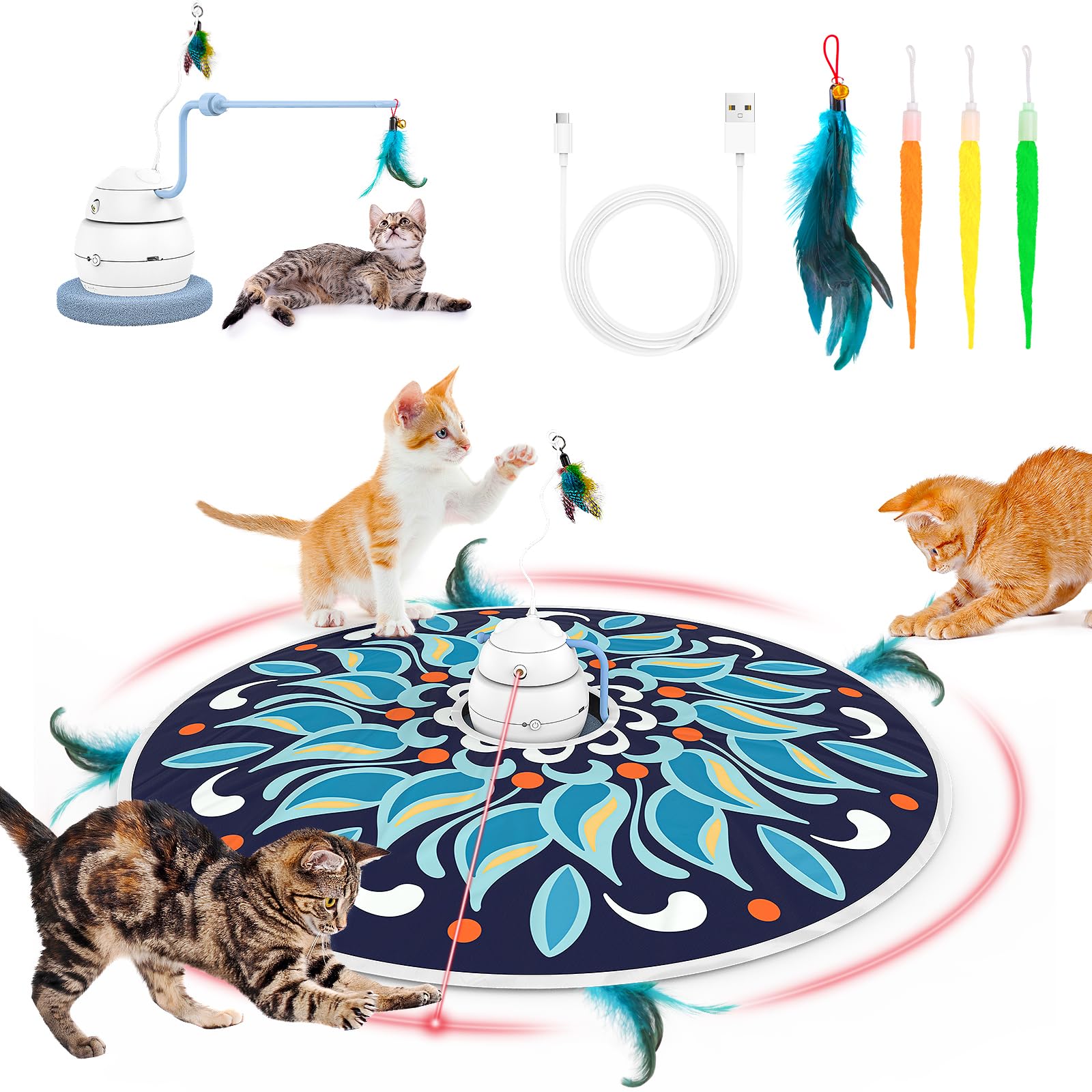 Tyasoleil 4 in 1Interactive Cat Toys for Indoor Cats Adult, Smart Cat Feather Toys, Rechargeable Power Cat Toys - 3 Modes Electronic Cat Feather Kitten Toy