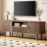 Cychuily Fluted TV Stand for TVs Up to 60 Inch, 55" Mid-Century Entertainment Center with Sliding Doors&Drawer, Modern Media Console for Living Room, Walnut (55.1" L*15.7*W*23" H)
