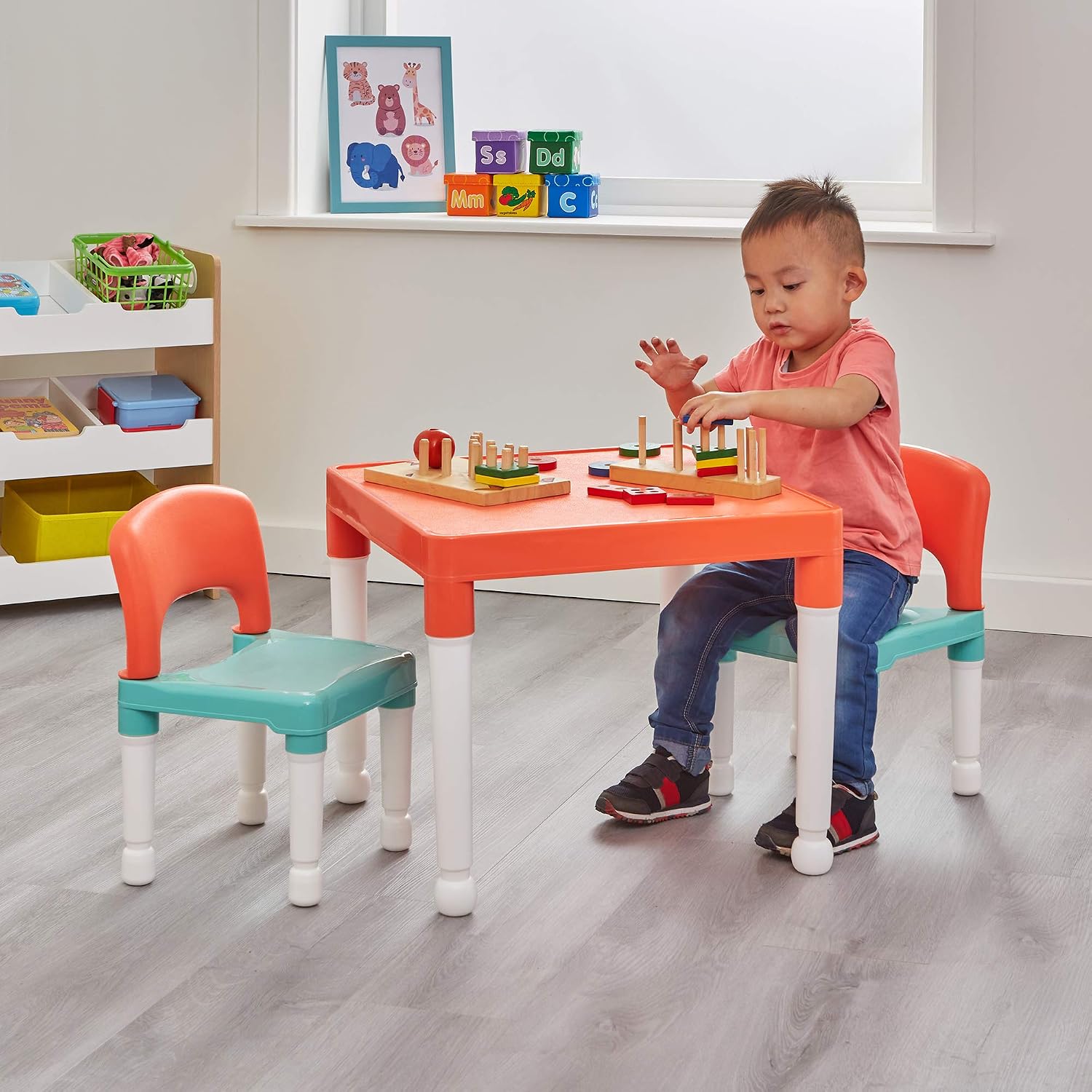 Liberty House Toys Childrens Table and Two Chair Set, Green Orange White, Table-51cm H x 51cm W x 43cm D 27cm x 31cm x 44cm