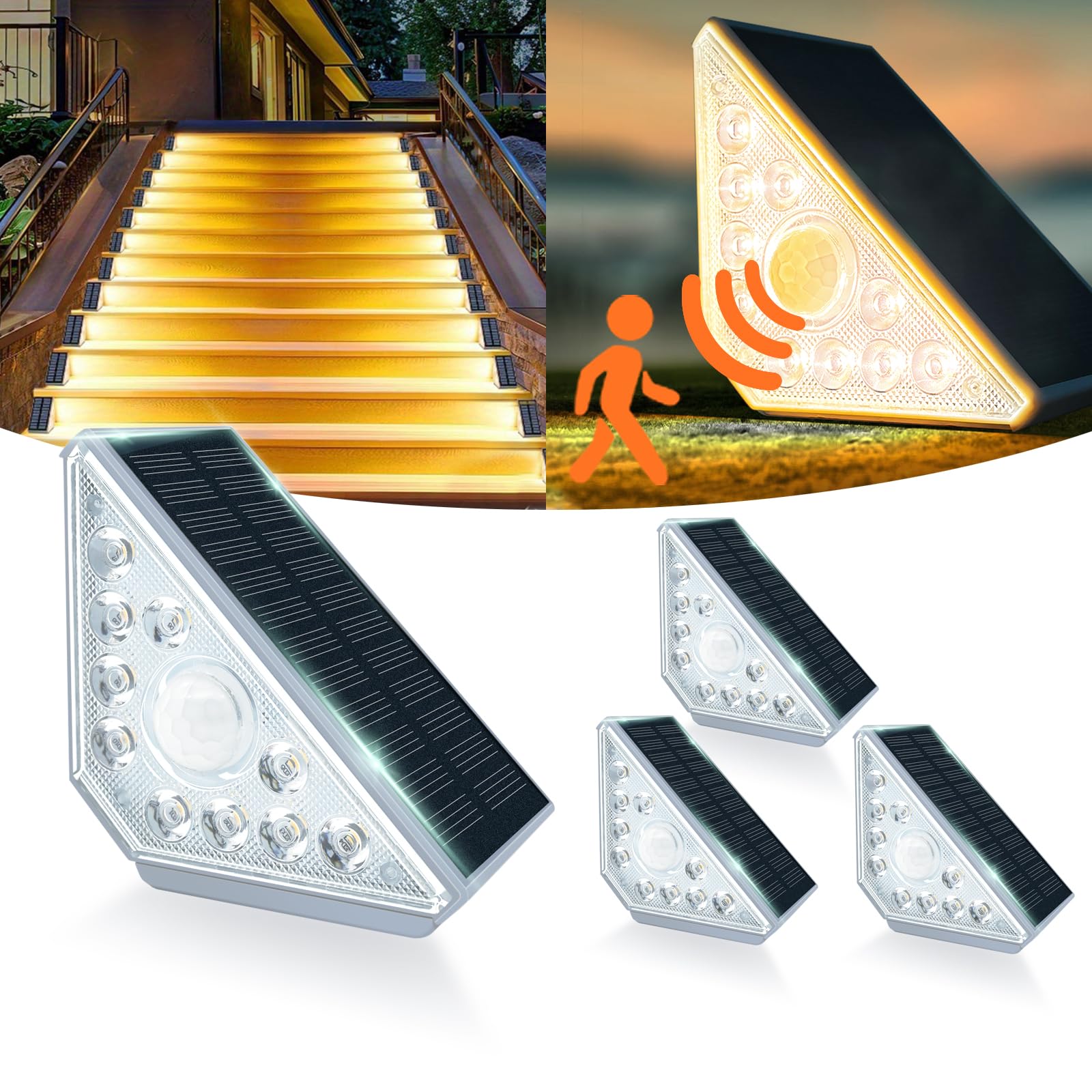 MEDOYOH 4PCS Solar Step Light with Motion Sensor, Warm White Light High Brightness Solar Stair Lights IP44 Waterproof 800mAh for Garden Steps Deck Patio Front Door Fence — image 1