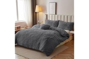 Vamcheer Plush Duvet Cover Set Queen Size - Ultra Soft Shaggy Comforter Cover + 2 Pillowcases + 1 Cute Heart Pillow, Fluffy Comforter Cover Set, Zipper Closure & 8 Corner Ties, Grey