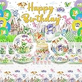 Dragon Party Supplies, Including Happy Birthday Party Backdrop, Plates, Cups, Napkins, Tablecloth, Balloons, Straws, for Dragon Theme Boy Girl Birthday Party Decorations Serves 20 Guest
