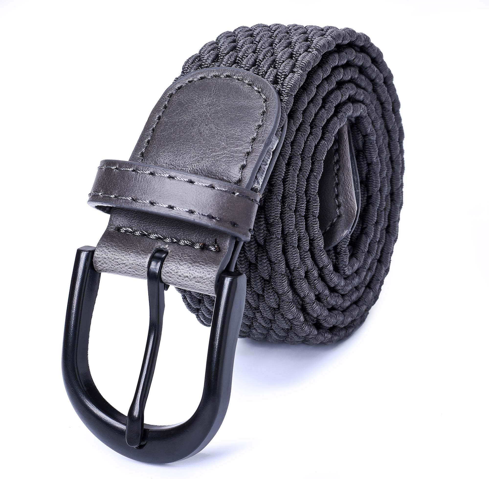 Mile High Life | Braided Stretch Elastic Belts | Pin Oval Solid Black Belt Buckle | PU Loop End Tip Men/Women/Junior