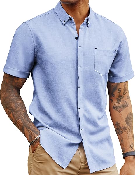 PJ PAUL JONES MENS CASUAL DRESS SHIRT SHORT SLEEVE BUTTON DOWN SHIRT SUMMER BEACH TEXTURED SHIRTS LIGHT BLUE S