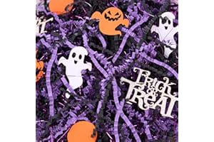 PAPER FAIR 16oz Halloween Crinkle Paper Filler, Black Purple Iridescent Glitter Strand Raffia Shred w/Orange Ghosts Trick or Treat Confetti, Candy Gift Wrapping Basket Box Craft Bedding Cushion