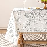 Floral Linen Tablecloth 55 x 84 inch Wrinkle Resistant Vintage Farmhouse Tablecloth Black Pattern Printed on Cream Table Cloth Rectangle Cottage Burlap Textured Fabric Table Cover Home Decor Holiday