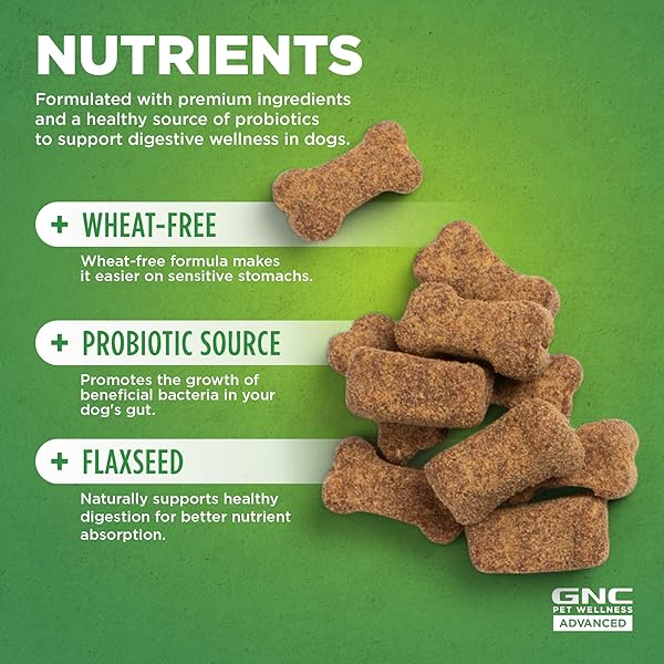 GNC PETS ADVANCED DIGESTION DOG SUPPLEMENTS, SOFT CHEW DIGESTIVE SUPPORT WITH FLAXSEED & PROBIOTICS FOR GUT HEALTH, CHICKEN FLAVOR VITAMINS & ENZYMES SUPPLEMENT FOR ALL DOGS, 90 COUNT
