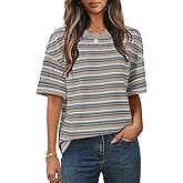 MEROKEETY Women's 2026 Summer Short Sleeve Tops Casual Colourful Striped Crewneck Loose Work T Shirts Blouses