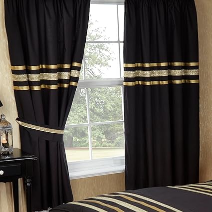 66 X72 Glitz Black With Gold Trim Curtains Matching Tie Backs