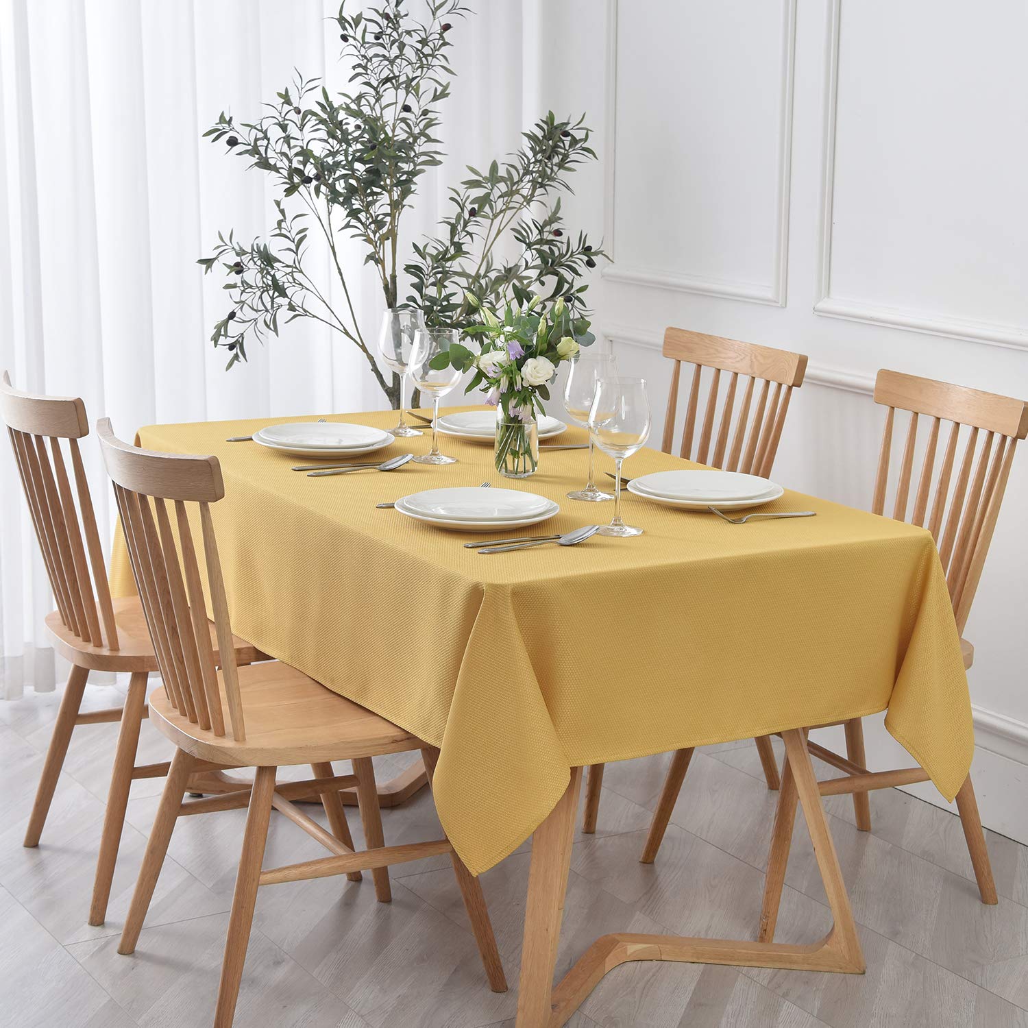 Photo 1 of maxmill Textured Rectangular Tablecloth Water Resistance Antiwrinkle Spillproof Soft Jacquard Table Cloth for Dining Room, Buffet Banquet Parties and Holiday Dinners, 60 x 104 Inch, Ochre Yellow