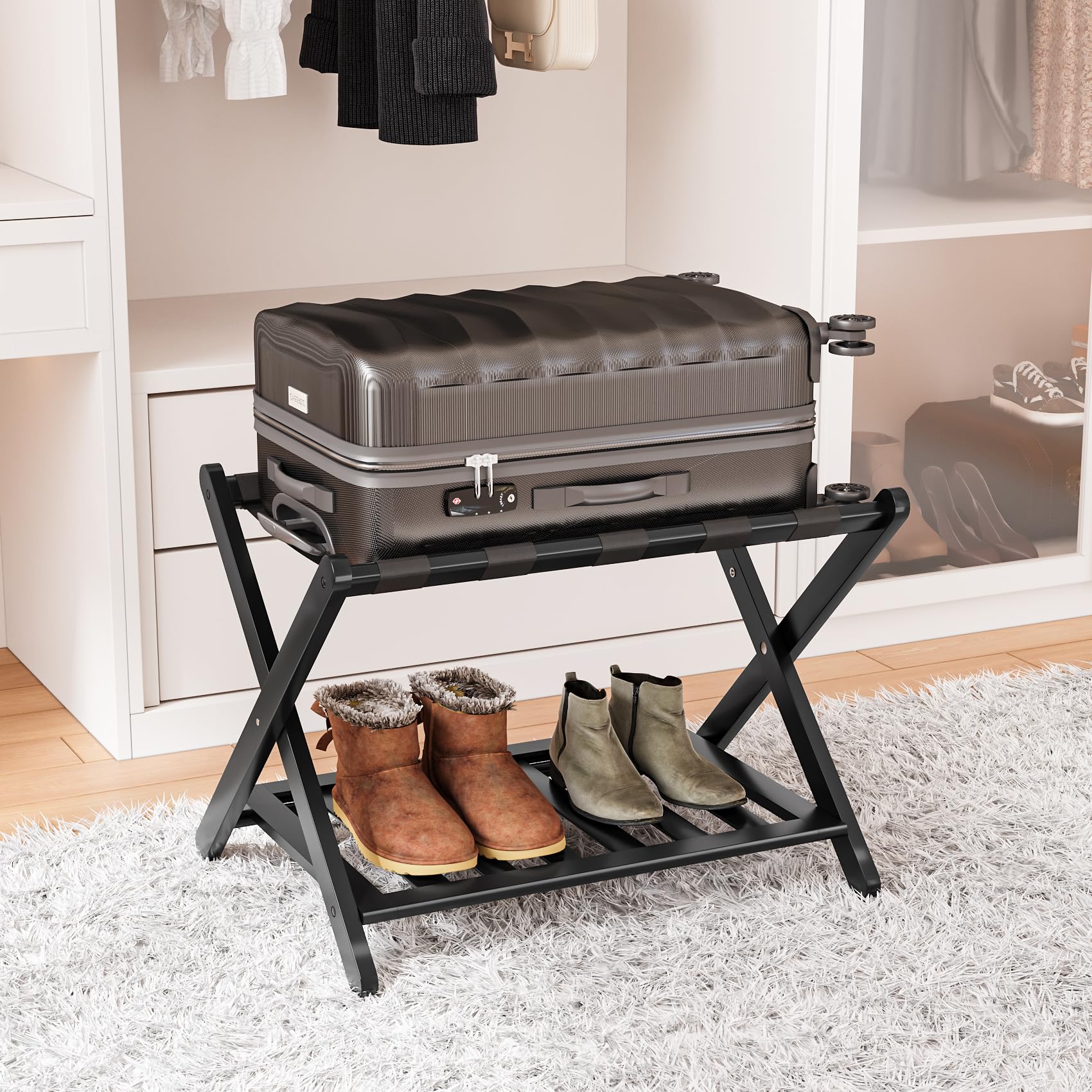 Mua Smart FENDEE Fully Assembled Black Bamboo Luggage Rack, 5 Straps ...