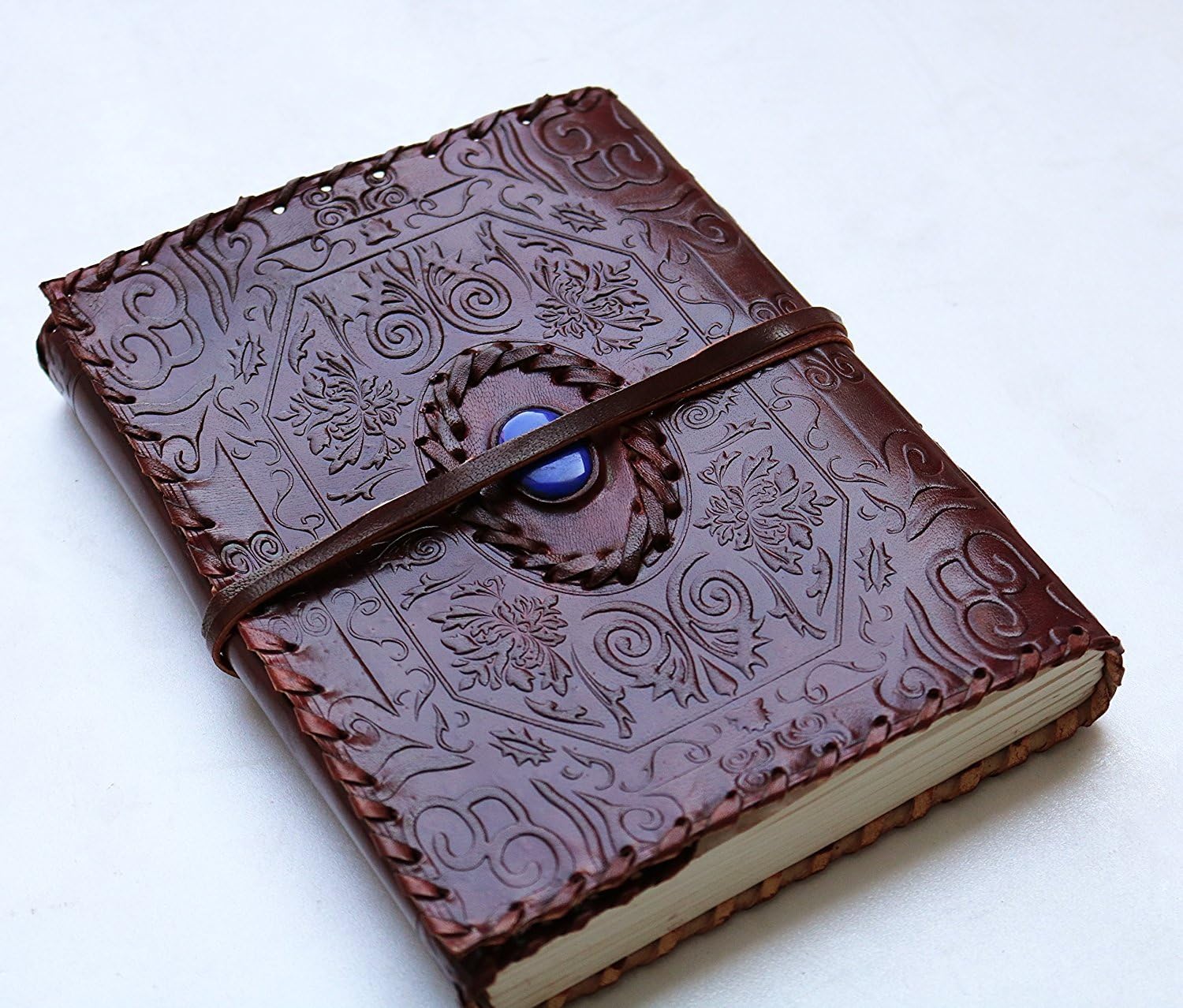 A5 Leather Journal with string closure & stone Writing Pad Blank Notebook Handmade Notepad For Men & Women Unlined Paper Art Sketchbook Travel Diary To Write Book Of Shadows Refillable Grimoire Large - Image 3