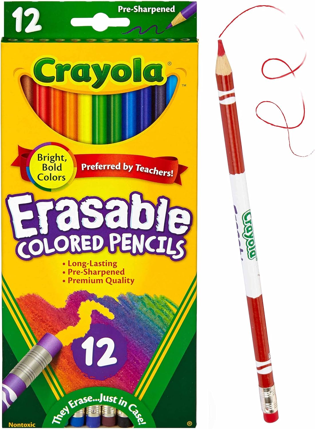 Crayola Erasable Colored Pencils, 12 Non-Toxic, Pre-Sharpened, Kids 4 & Up, Assorted Colors: Toys & Games