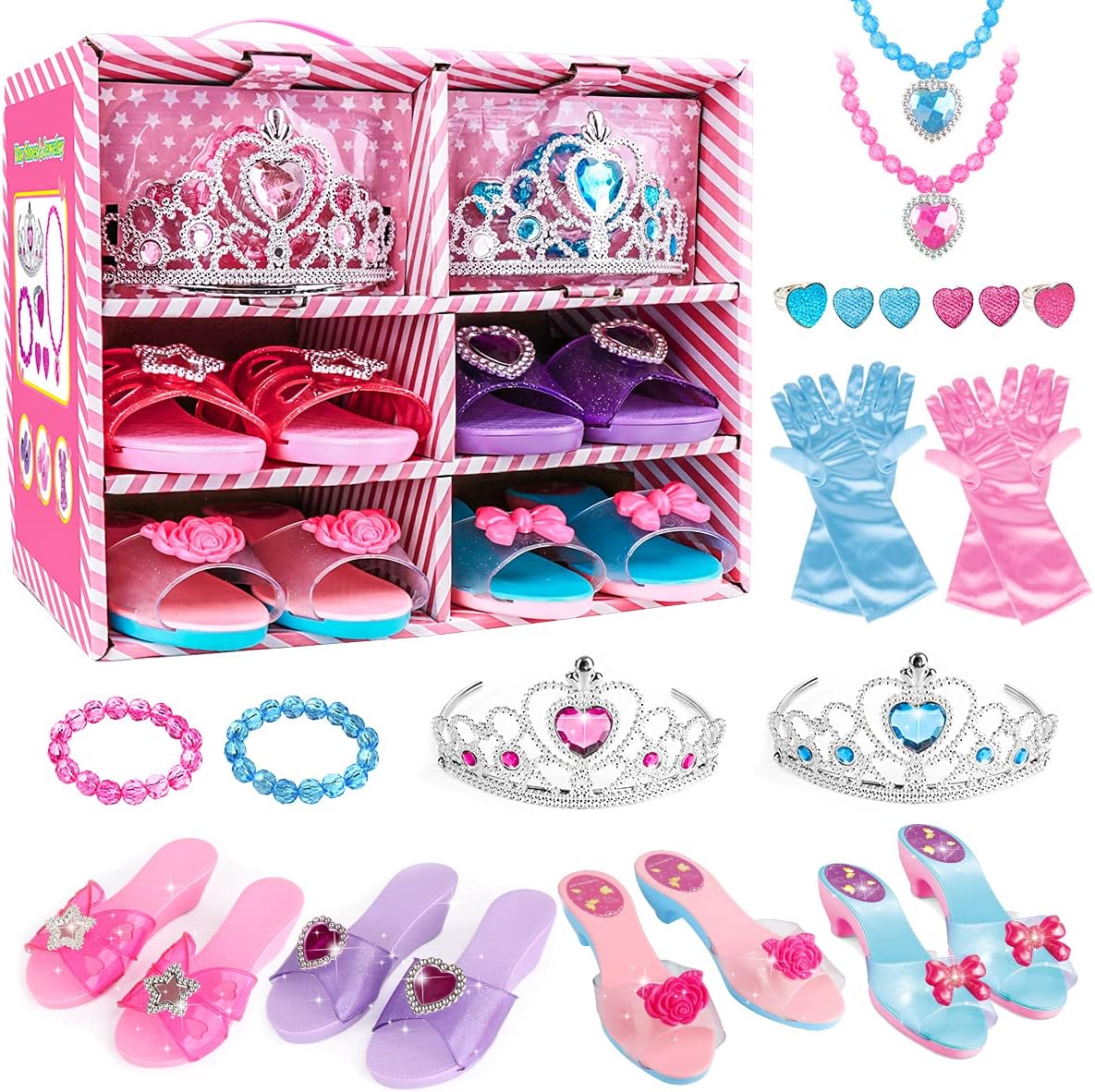 Meland Princess Dress Up Shoes and Jewelry Boutique - 4 Pairs of Play Shoes and Pretend Jewelry Toys Princess Accessories Play Gift Set for Toddlers Little Girls Aged 3,4,5,6 Years Old: Toys & Games