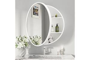 Keonjinn 24 Inch Round Bathroom Medicine Cabinet with Mirror, White Surface Mount Medicine Cabinet, Circular Framehouse Moder