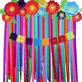 Epakh 35 Pcs Mexican Paper Flowers Mexican Party Decorations with Streamer Backdrop Papel Picado Banner 3D Fiesta Paper Flower Cutouts for Cinco De Mayo Party Wedding Birthday, 3D Printed Effect