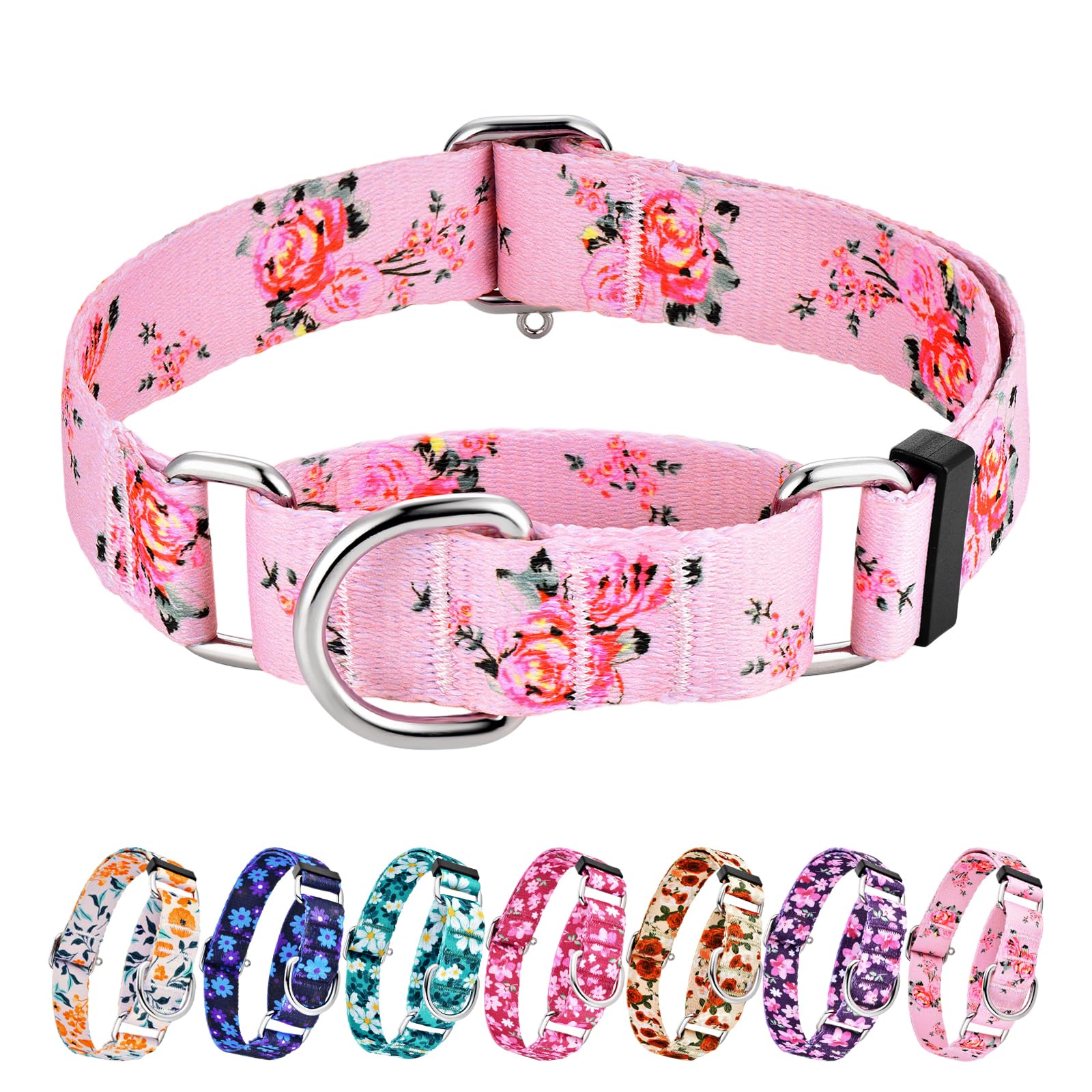 Photo 1 of Hikiko Martingale Collar for Dogs with No Buckle Pink Floral Female Dog Collar Cute Girl Dog Collars for Puppy Dogs,Pink Rose,XS