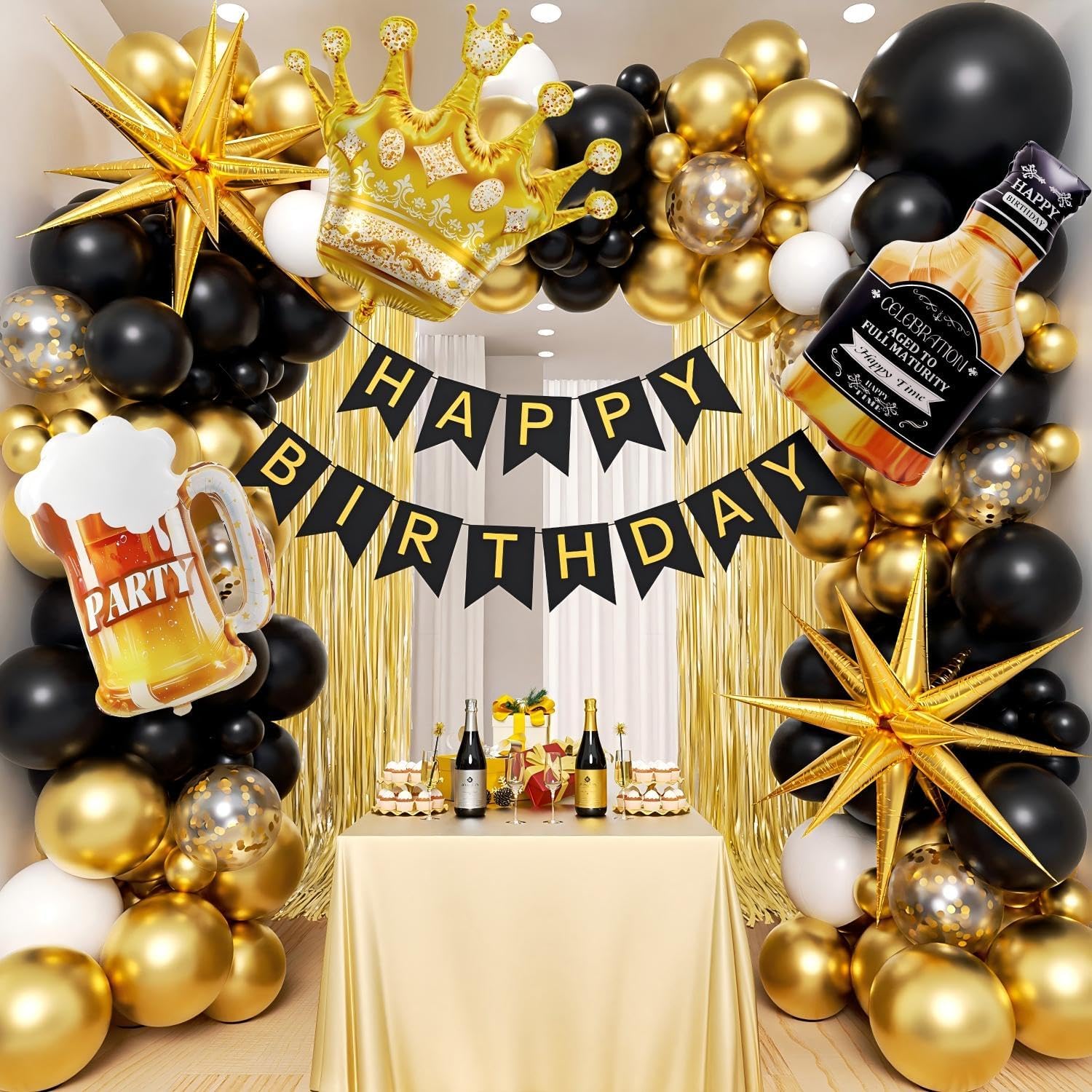 Photo 1 of 107pcs Black Gold Birthday Party Decorations with Happy Birthday Banner Foil Balloons for 16th 18th 21st 22th 32th 40th 50th 60th Birthday Decorations for Men