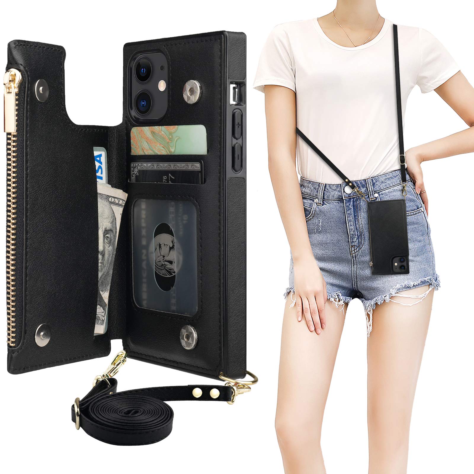 Photo 1 of Bocasal Crossbody Wallet Case for iPhone 11 with Card Holder,Zipper Card Slot Protector Shockproof Purse Cover with Removable Cross Body Strap 6.1 Inch(Black)