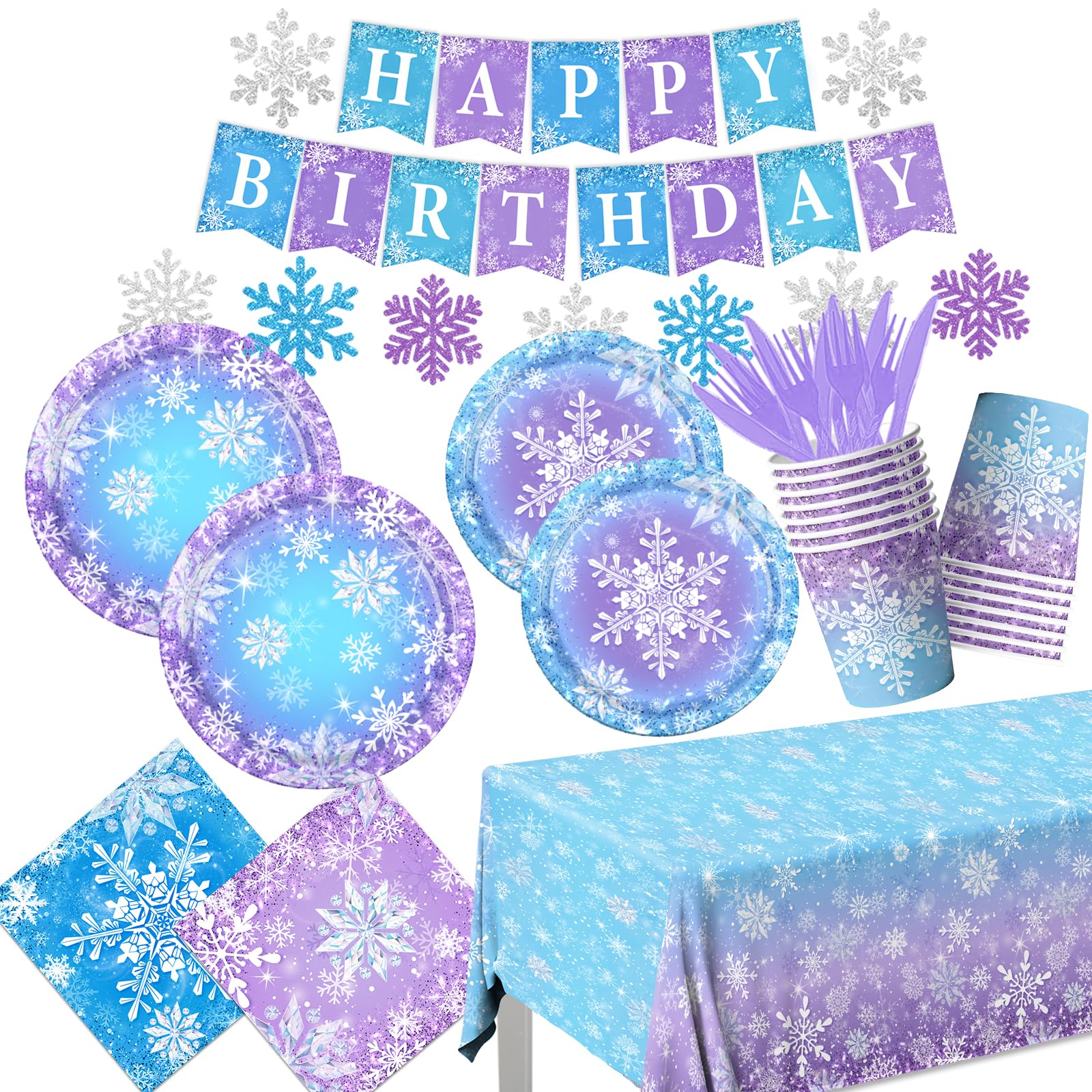 Photo 1 of 142Pcs Winter Snowflake Birthday Party Supplies Party Tableware Blue Snowflake Winter Wonderland Tableware for Christmas Winter Birthday Party Decorations