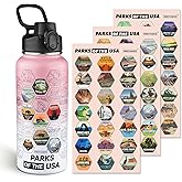 National Parks Water Bottle with 63 Waterproof Stickers,32oz Double Wall Vacuum Stainless Steel Wide Mouth Insulated Travel Water Bottle with Spout Lid,BPA-free and Leak-proof (32oz,Pink white)