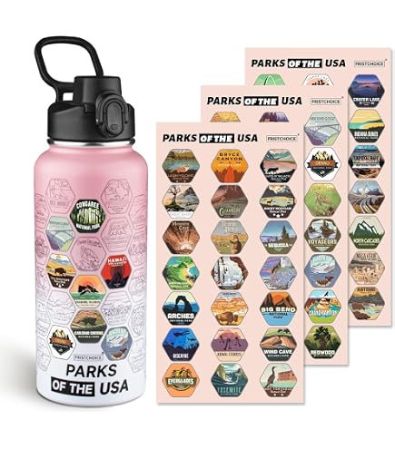 PJR Jsongos National Parks Water Bottle - 32oz Insulated Stainless Steel With 63 Waterproof Stickers & Dual Lids