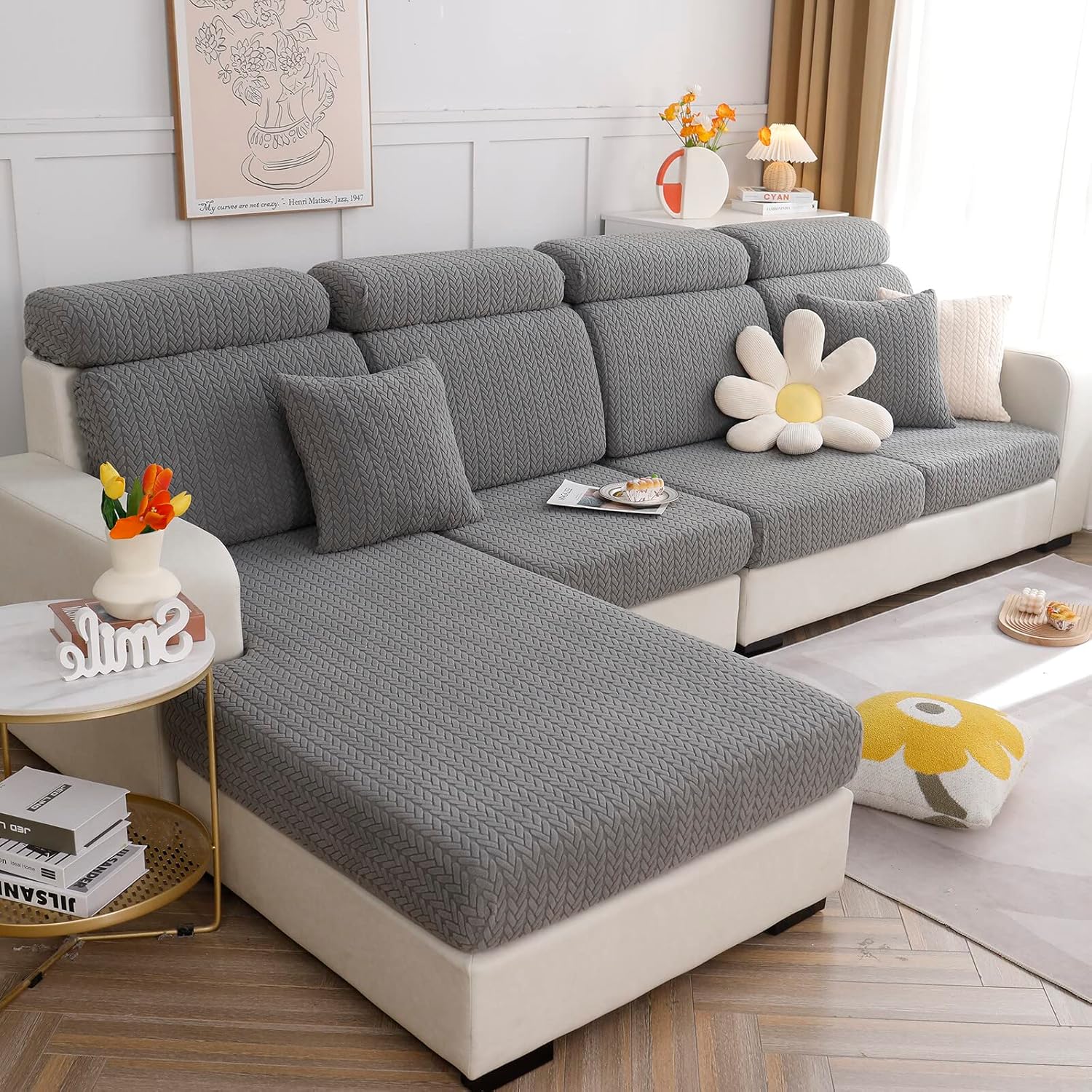 Slipcovers - cjc 2023 New Universal Sofa Cover, Wear-Resistant High Stretch Couch Cushion Slipcovers, Anti-Slip L Shape Sofa Covers - Tear Stain Resistant Sofa Protector (Dark Gray, Large Double Seat Cover)