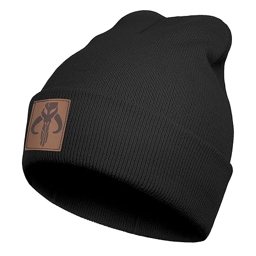 Warm Cuffed Beanie Hats for Men Women Skull Leather Patch
