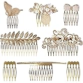 Lawie 8 Pack Large Gold Crystal Pearl Rhinestone Metal Hair Side Combs Clip With Teeth Grip Clasp Barrettes Pins for Women Bridal Wedding Veil Decorative Headpiece French Twist Vintage Accessories