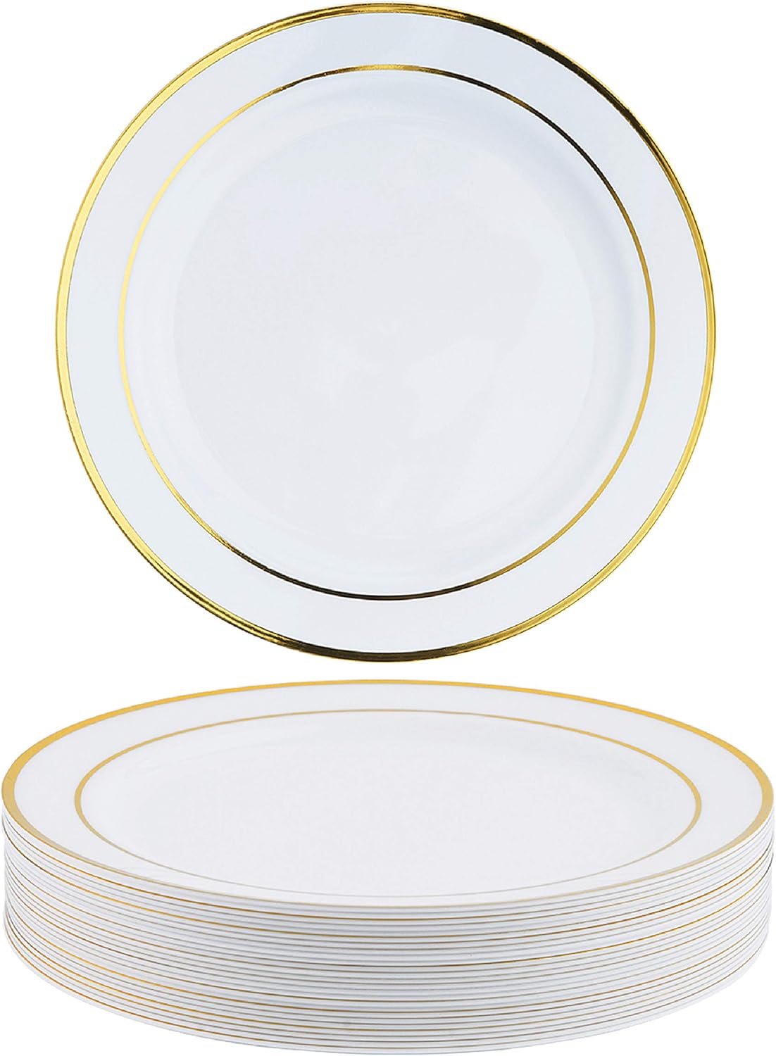 MATANA 25 Premium White Plastic Dessert Plates with Gold Rim (19cm / 7 Inch)