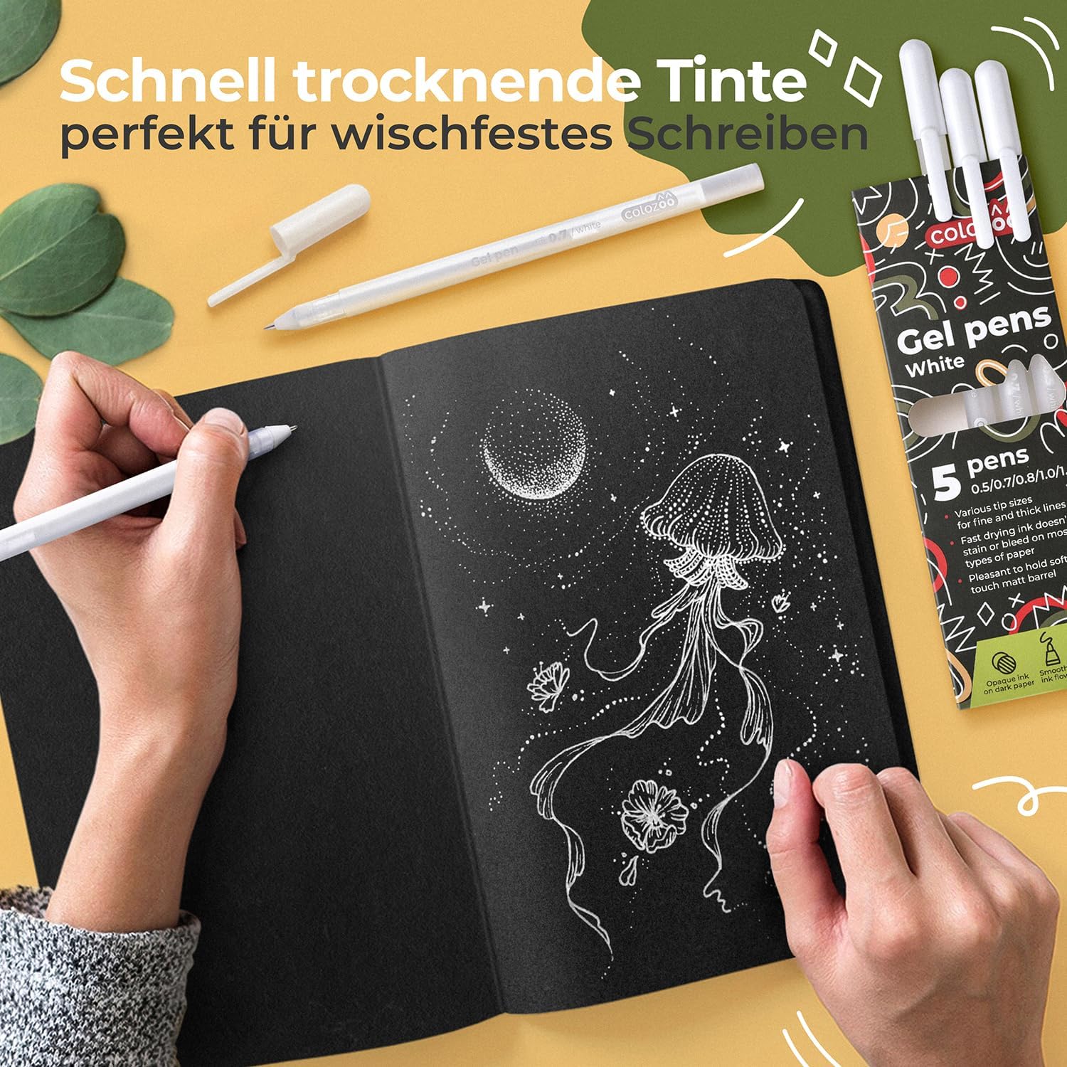 colozoo 5er Set Gelstifte Weiß mit Spitzengrößen: 0,5, 0,7, 0,8, 1,0, 1,2 mm | Weißer Stift für schwarzes Papier | Weißer Gelstift Deckend 6