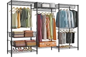 VIPEK V10 Garment Rack Large Size Heavy Duty Clothes Rack with Hanging Rods, Adjustable Shelves & 2 Slid Storage Baskets, Wire Clothing Rack 68.9" W x 15.7" D x 76.4" H, Max Load 920 LBS, Black