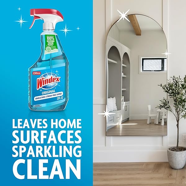 WINDEX GLASS AND WINDOW CLEANER SPRAY BOTTLE, PACKAGING DESIGNED TO PREVENT LEAKAGE AND BREAKING, SURFACE CLEANING SPRAY, ORIGINAL BLUE SCENT, 23 FL OZ